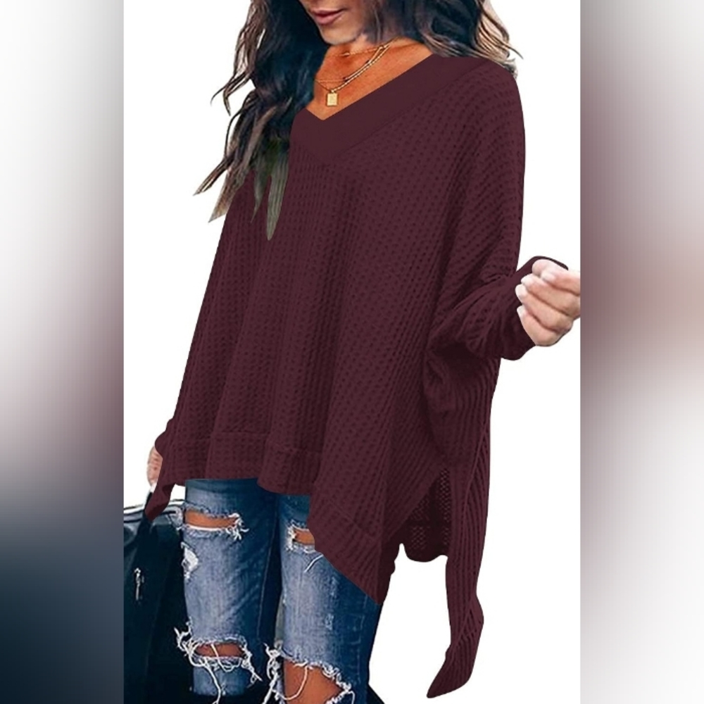 Oversized V-Neck Batwing Sleeve Waffle Knit Split Hem Tunic Maroon MSRP $39.99